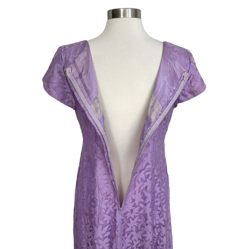 Vtg 1970s Large Lilac Purple Sheer Floral Chiffon Modest Short Sleeve Prom Dress - Picture 7 of 15